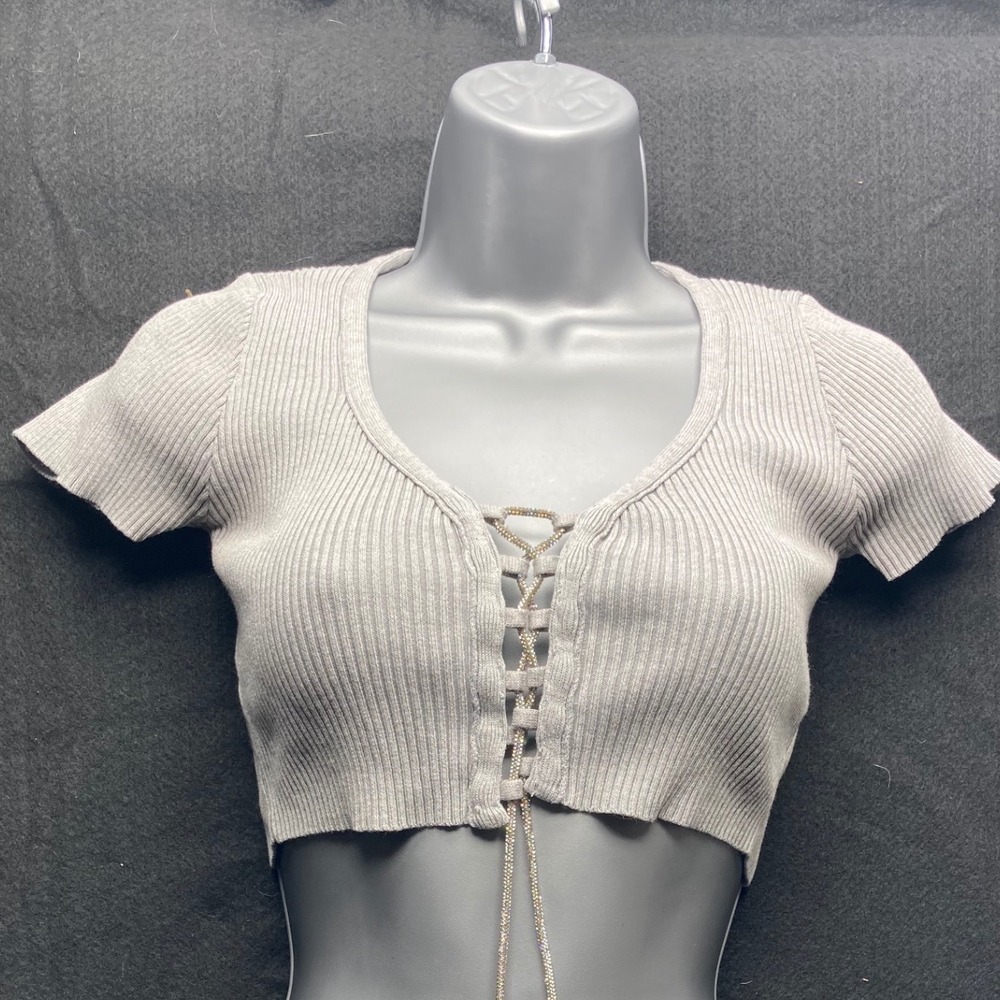 IMMODEL‎ Women Crop Top Grey Ribbed Lace Up Rhinestone S Y2K Baddie Streetwear